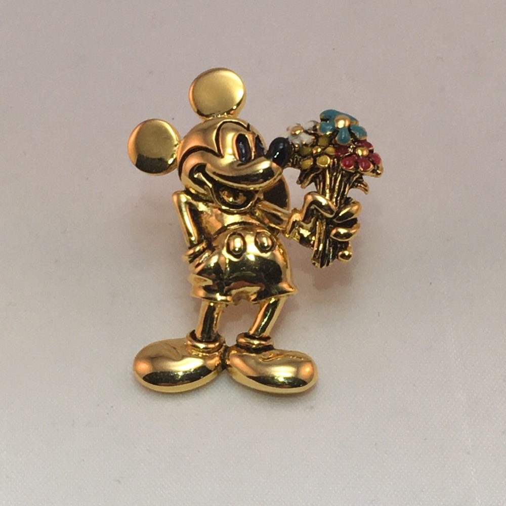 Disney Napier Gold-tone Mickey Mouse Brooch with Colorful Flower Bouquet